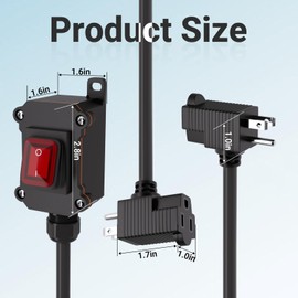 Inline Power Switch with 6-ft 14AWG Cable Piggyback Plug(3-Pronged),Red LED Rocker Button,IP67 Waterproof Extension Cord with On/Off Switch, AC/DC 20A-125V / 16A-250V（6FT/14AWG）