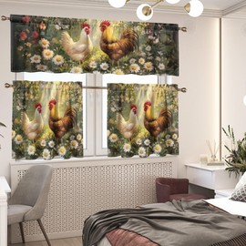 YUVAMAGIMO Roosters 3-Piece Kitchen Curtains & Valances Set, Tier Curtains, 24 Inch Length, Rod Pocket, Washable, 18"W x 54"L, Chicken Pattern, Farmhouse, Rustic
