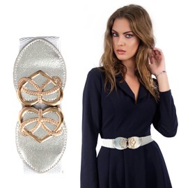 Trimming Shop Silver Waist Belt For Women Ladies Girls With Golden Heart Shape Buckle, Stretchable Elasticated Wide Casual Belt For Party Celebration, Events, Occasion, 60mm