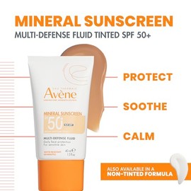 Eau Thermale Avene Solaire UV Mineral Multi-Defense Tinted Sunscreen Fluid SPF 50+ - Antioxidant & Blue Light Protection - 1.7 fl. oz.