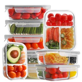 Bayco 9 Pack Glass Meal Prep Containers 3 & 2 & 1 Compartment, Glass Food Storage Containers with Lids, Airtight Glass Lunch Bento Boxes, Leak Proof (9 lids & 9 Containers) - Grey