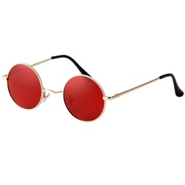 Laurinny 90s Retro Round Sunglasses Women Men Classic Polarised Sunglasses Metal Frame Round Hippie Glasses, gold frame red lens