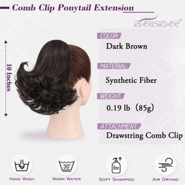 BARSDAR Dark Brown Ponytail Extension, 10 Inch Short Wavy Drawstring Ponytail Hair Extensions for Women Synthetic Comb Clip in Ponytail Hairpieces Fake Pony Tails - Dark Brown