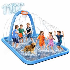 Splash Pad for Kids & Dogs, 110'' Large Sprinkler Pad Water Toys with Basketball Hoop, Thickened Non-Slip Splash Mat, Foldable Play Pool & Outdoor Summer Toys Ages 4-12 (110" Splash Pad)