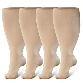 PUTUO PUTUO Plus Size Compression Socks: Wide Calf Graduated Compression Stockings for Men Women - Large Flight Socks for Support Travel Pregnancy Edema Nurses Seniors 20-30 mmHg Beige 6XL 2Pairs