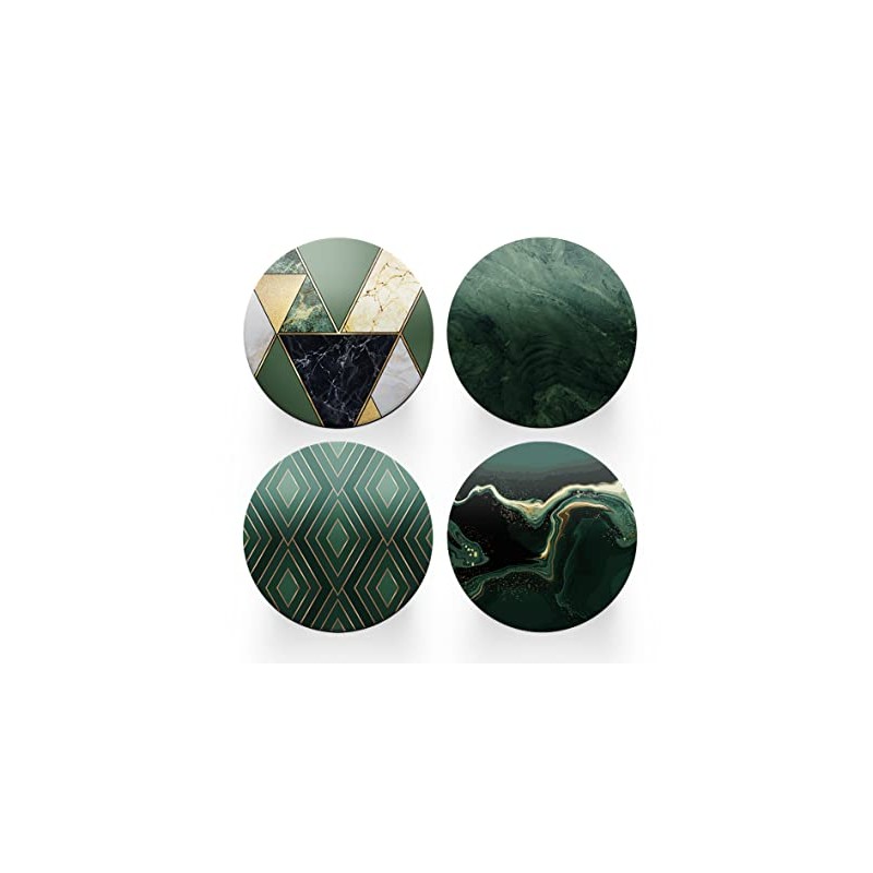 4 x Round Art Deco Coasters - Green Agate Marble