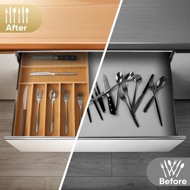 Silverware Organizer, 12.5 Inch Utensil Organizer Kitchen Drawer Organizer Bamboo