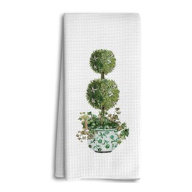 Dwept Chinoiserie Decor, Green and White Porcelain Kitchen Towels Decor, Vintage Plant Dish Towels Preppy Chinoiserie Hand Towels, Watercolor Topiary Chinoiserie Green Tree Bathroom Kitchen Decor