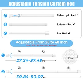 2Pcs Tension Curtain Rods for Windows 28 to 48 Inch, 7/8“ Diameter Spring Loaded Curtain Rod Adjustable Small Curtain Rods No Drilling Tension Rod for Door, Bathroom, Kitchen, White