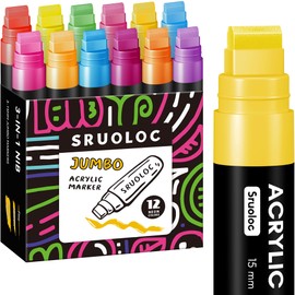 SRUOLOC 12 Neon Colors Jumbo Markers, 15mm Jumbo Felt Tip, Acrylic Paint Markers for Rock Painting, Poster, Stone, Ceramic, Glass, Wood, Canvas