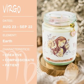 ZINCGE Virgo Gifts, Zodiac Crystal Candle, Virgo Birthday Candle Gifts for Women, Astrology Gifts for Mom Wife Sister, Gift for Her Pear and Freesia Scented Candle with Pink Crystals
