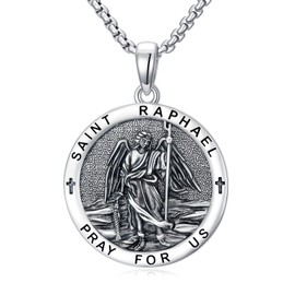 Swordgod Saint Raphael Necklace for Men Sterling Silver Archangel Raphael Medal Pendant Religious Christian Catholic Jewelry Gifts for Men Father Dad Husband Son Friend