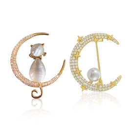 BQRKOTM Pack of 2 Moon and Cat Brooches for Women, Rhinestone Brooch Pins Fashion, Lapel Pin Elegant Gold, Scarf Pin Clip for Women