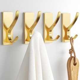 Josmimic Gold Self Adhesive Towel Hooks, Extra Sticky and Strong 10LB, Stainless Hook for Bathroom, 4 Pack