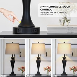 luxeflow 30" Black Table Lamps Set of 2, Touch Control Tall Living Room Lamp with USB A+C Ports and AC Outlet, 3-Way Dimmable Bedside Lamps for Nightstand, Modern Metal Bedroom Lamp, 2 Bulbs Included