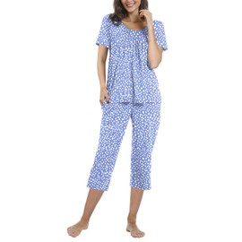 TAOHUADAO Womens Summer 2 Piece Pajama Sets, Short Sleeve Tunic Tops with Capri Pants, Lounge Sleepwear Ladies Pjs Sets with Pockets M, Spot Blue