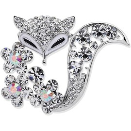 Crystal Rhinestone Fox Brooch Pin, Silver Tone with Aurora Borealis Accents, Elegant Animal Jewelry for Suits and Dresses