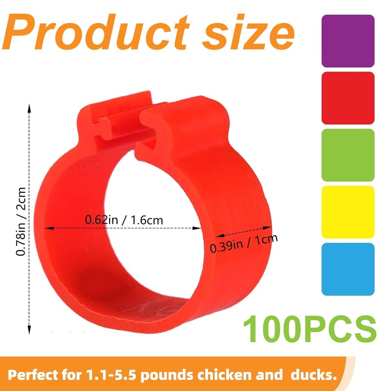 WJccsee Versatile Poultry ID Bands, 100 Pack, 16mm, Multi-Color &