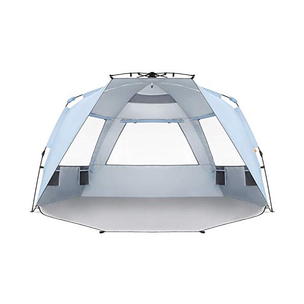 Easthills Outdoors Instant Shader Enhanced Deluxe XL Beach Tent Easy Setup 4-6 Person Popup Sun Shelter 99" Wide for Family UPF 50+ Double Silver Coating with Extended Zippered Porch Sky Blue
