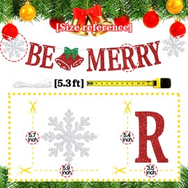Be Merry Banners, Merry Christmas Bunting Garlands, Hanging Xmas/New Year Eve Party Decorations Supplies for Fireplace Wall, Red and Green Glitter