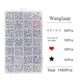 WangLaap 1450Pcs Letter Beads, Acrylic 4x7mm Round Letter Beads Kits, Alphabet Beads A-Z and Red Heart Black Star Beads for Bracelets Necklaces DIY Jewelry Making (White)