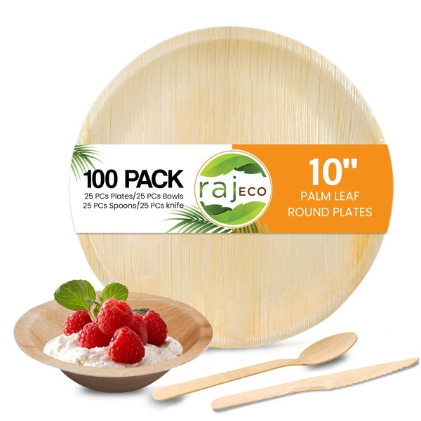 Raj Disposable Palm Leaf Plates [100-Pack] 25 x 10" Round Plates, 5" Bowls, knives, Spoons Strong Party Plates - Decorative Compostable Tableware for wedding, Lunch, Dinner, Outdoor