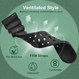 WOCCI 24mm Ventilated Watch Band for Men, FKM Rubber, Black Buckle (Black)