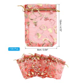 PATIKIL Heart Printed Organza Bags, 100 Pcs 4.72x3.5 Inch Drawstring Mini Pouches Favor Gift Candy Jewelry Bags for Christmas Thanksgiving Festival Party Wedding, Red