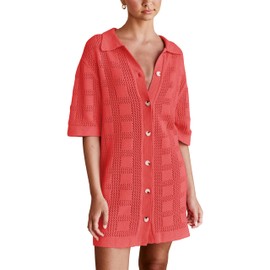 Lumister Summer Knit Shirt Dress for Women Crochet Button Front Shirt Dress Cover Up Bathing Suit Swimwear Knit Beach Dress(0721-White*1-M)