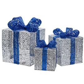 Sunnyglade 7.5”-5.9”-4.7” Set of 3 Christmas Lighted Gift Boxes with Plug for Christmas Decor, Weddings Yard Home Holiday Art Decorations (Silver)