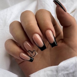 French Long Press on Nails Cute Fake Nails Coffin False Nails Acrylic Full Cover Black Stick on Nails for Women and Girls 24PCS