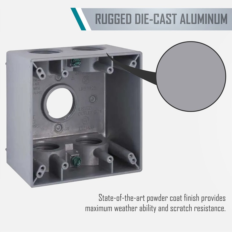 2-Gang Weatherproof Deep Box, Five 1 in. Threaded Outlets, Gray
