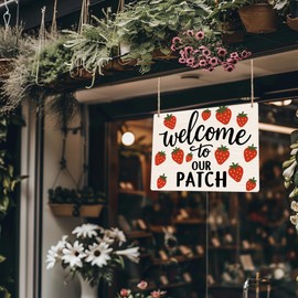 Kneaotoaji Welcome to Our Patch Welcome Sign - Summer Strawberry Decor, Farmhouse Rustic Strawberry Wooden Hanging Plaque for Front Door Garden Porch Yard 8x10 Inches