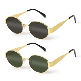 GoaePode 2 Retro Sunglasses Women Men Oval UV400 Protection Sunglasses Metal Trendy Classic Gold Frame Sunglasses Vintage Fashionable Glasses for Men and Women, Green