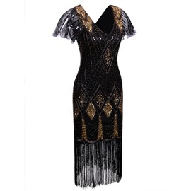 Vijiv Women Vintage Style 1920s Dresses Inspired Beaded Cocktail Flapper Dress With Sleeves For Prom Gatsby Party Black Gold Medium