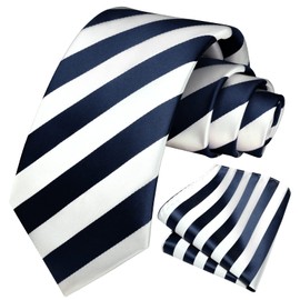 HISDERN Ties for Men Navy Blue Tie and Handkerchief Set White Blue Striped Business Formal Necktie Woven Pocket Square Set Wedding College for Son