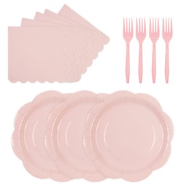75 PCS Pink Paper Plates and Napkins Party Supplies, LightPink Scalloped Plates Napkins Forks Disposable Tableware Set for Bridal Baby Shower Wedding Birthday Party Decorations (Pink)
