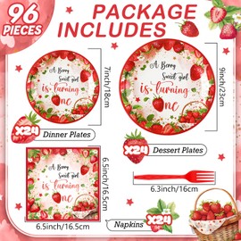 Sunnyray 96 Pieces Berry First Birthday Party Decorations a Berry Sweet Girl Is Turning One Party Supplies Strawberry Theme 1st Birthday Tableware Set Dessert Plates Napkins Forks for 24 Guests