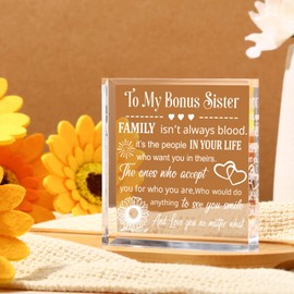 Yookeer My Bonus Sister Gifts Heart Keepsake and Paperweight from Brother Clear Acrylic Sister in Law Gift for Women Friendship for Women Friend Birthday Wedding(Square Style)