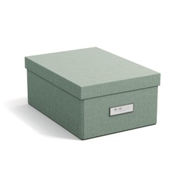 Bigso Box of Sweden KARIN Small Storage Box with Lid - Sturdy Organiser Made of Fibreboard and Paper in Linen Look - Practical Folding Box with Label Frame for Extra Storage Space - Mint Green