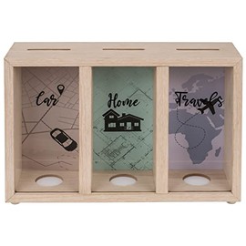 ootb Money Box with 3 Compartments Wooden Holiday Fund Money Box Gift Idea Travel Fund Car Home Travels, One Size, Multicoloured