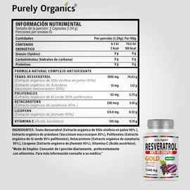Suplemento Antioxidante 1340mg | Resveratrol + Polifenoles, Betacaroteno, Licopeno y Vitamina C | Anti Ox complex | Purely Organics | Resveratrol Gold | Cápsulas Veganas | 1 Unidad de 30 cápsulas.