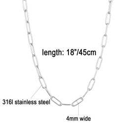 14K Gold/Silver Tone Stainless Steel Paperclip Link Chain Choker Necklace for Women Teen Girls, 2.5mm 4mm 5mm Wide Oval Rectangle Link Chain, Waterproof Never Tarnish (18", 4mm wide, stainless steel)