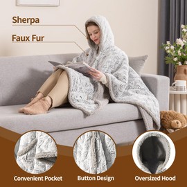 Bearhug Electric Wearable Heated Blanket, Heated Shawl with Pocket & Hood, Cozy Faux Fur and Sherpa, Heated Hoodie with 6 Temp Levels, 4H Auto-Off, ETL Certified, Machine Washable, 50" × 60"