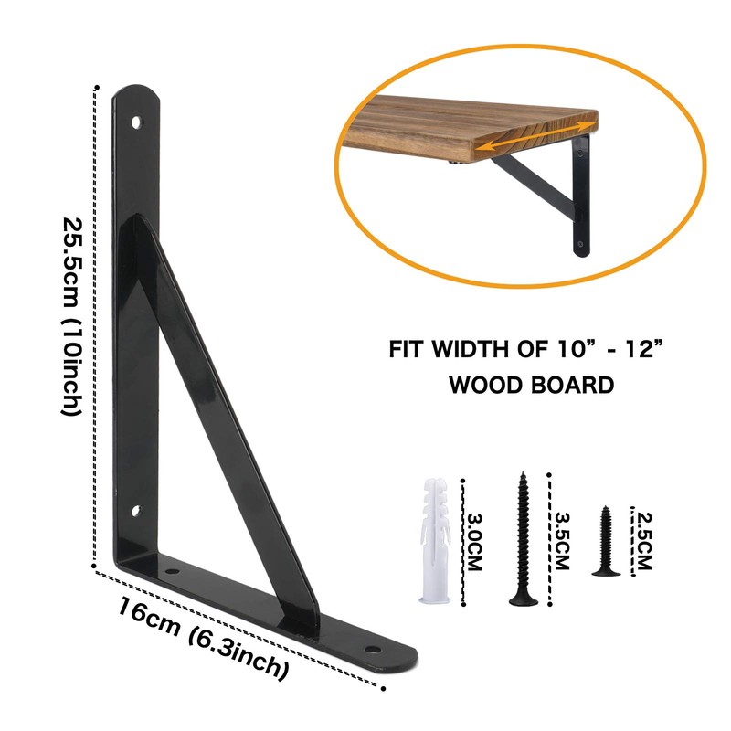 EZYDECOR Wall Mounted Shelf Brackets 4pcs 10 Inch Black Triangle
