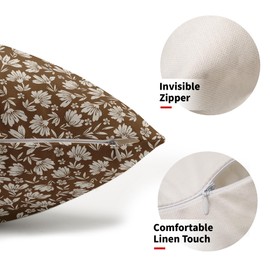 Kawani Brown Beige Daisy Floral Lumbar Pillow Covers, Vintage Flowers 12x20 Inch Set of 2, Block Print Cotton Linen Throw Pillows, Farmhouse Decor for Sofa, Couch, Porch, Bed Cushion, Outdoor