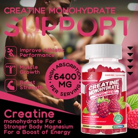 Openovomins Creatine Monohydrate Gummies Complex 6400mg for Men & Women -Advanced Formula W/L-Taurine + Vitamin B12, Sugar Free Chewable Supplement,90 Raspberry Gummies