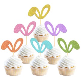 24 Pcs Happy Easter Cupcake Toppers, Easter Bunny Cupcake Toppers for Easter Theme Spring Birthday Baby Shower Decorations (Ear G)