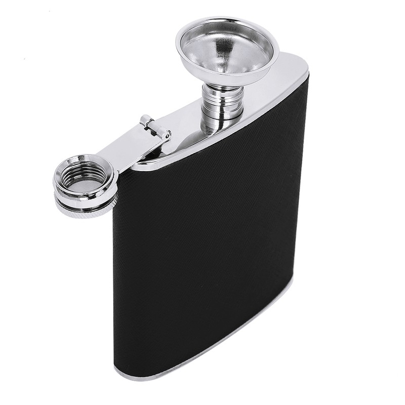 Stainless Steel Hip Flask Black Leather Funnel with Two Wine