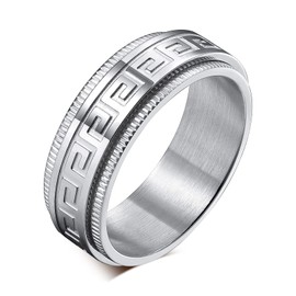 MMTTAO Men's Greek Key Spinner Anxiety Ring 8MM Titanium Anxiety Stress Relief Fidget Ring Greek Key Center Spinner Wedding Engagement Bands Matte Brushed Finish Grooved Stepped Edge, Silver, Size 13